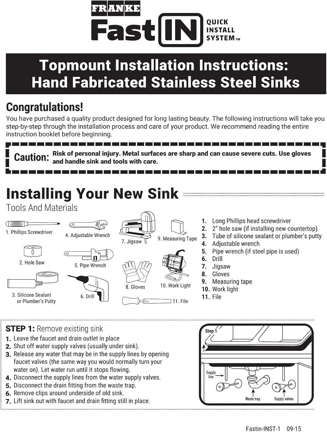 Franke Fast In Topmount Installation Instructions for Handmade Stainless Steel Sinks