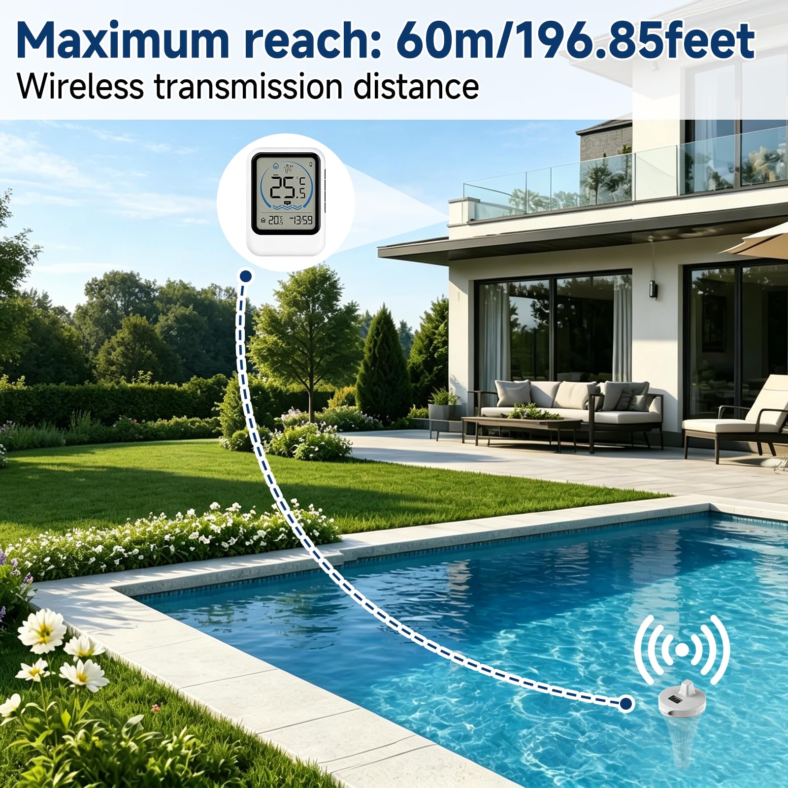 Pool Thermometer Funk, Poolthermometer Digital Funk, Schwimmendes Pool Thermometer mit IP68 Wasserdicht, Basisstation für Innenraum mit Temperatur & Uhrzeit, mit Außensensor, für Pool Teich Whirlpool