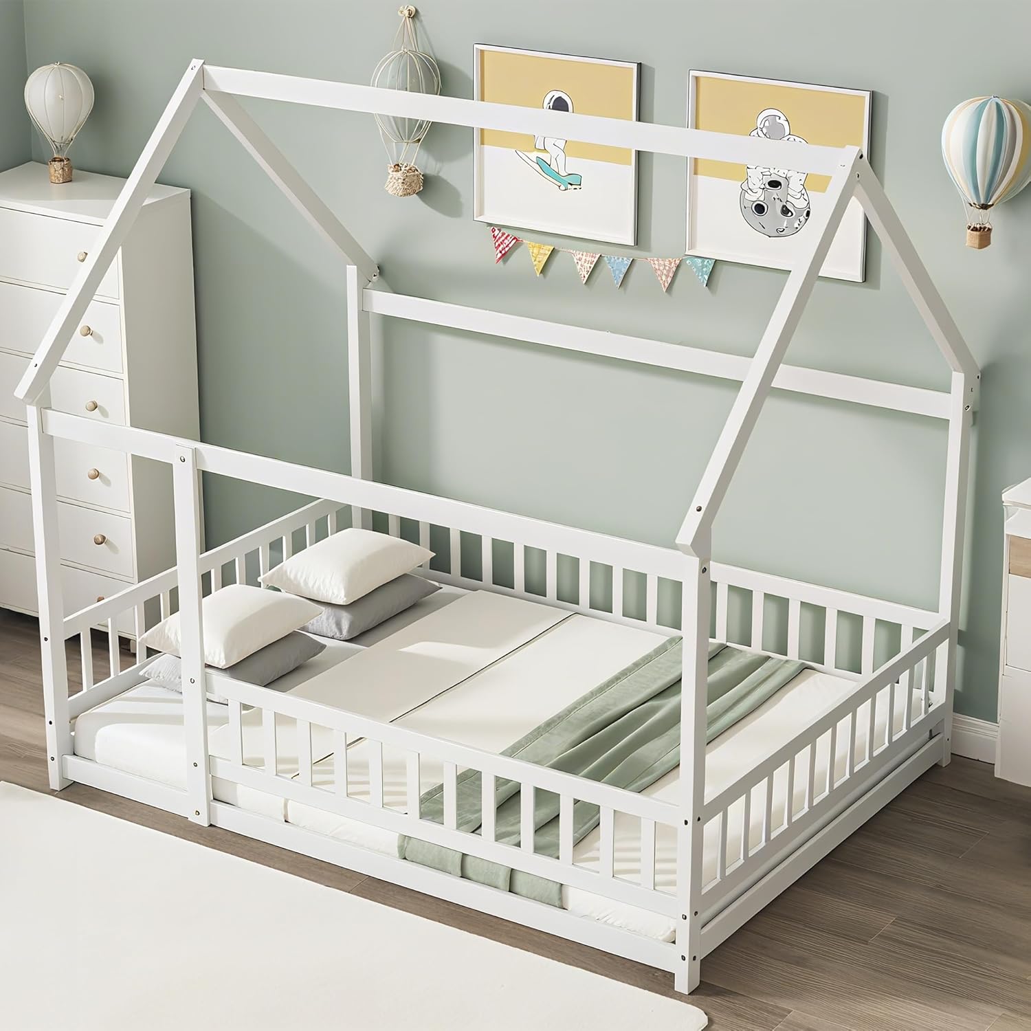 Bellemave Full Size Floor Bed Frame House Bed for Kids with Cute Roof Frame, Sturdy Wooden Montessori Floor Bed Full Size Safety Playhouse with Guardrails, Load 400 LBS, White