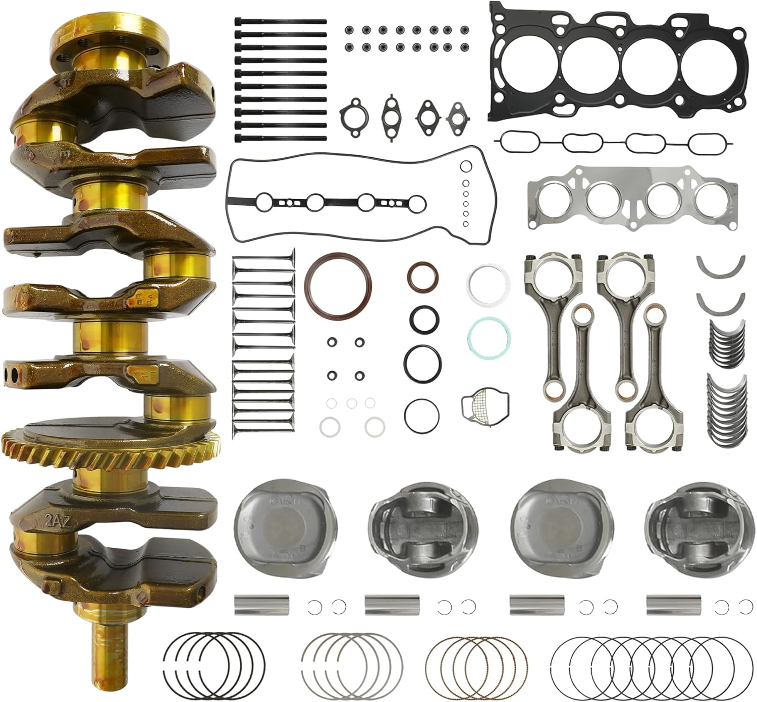 2AZ-FE 2.4 Engine Rebuild Kit & Crankshaft Rods Bearings Pistons Ring Head Gasket Set Fit for Toyota Camry Highlander RAV4 Solara Corolla Matrix for Scion tC xB 2.4L 2AZFE 13201-29685-A0 13401-28030