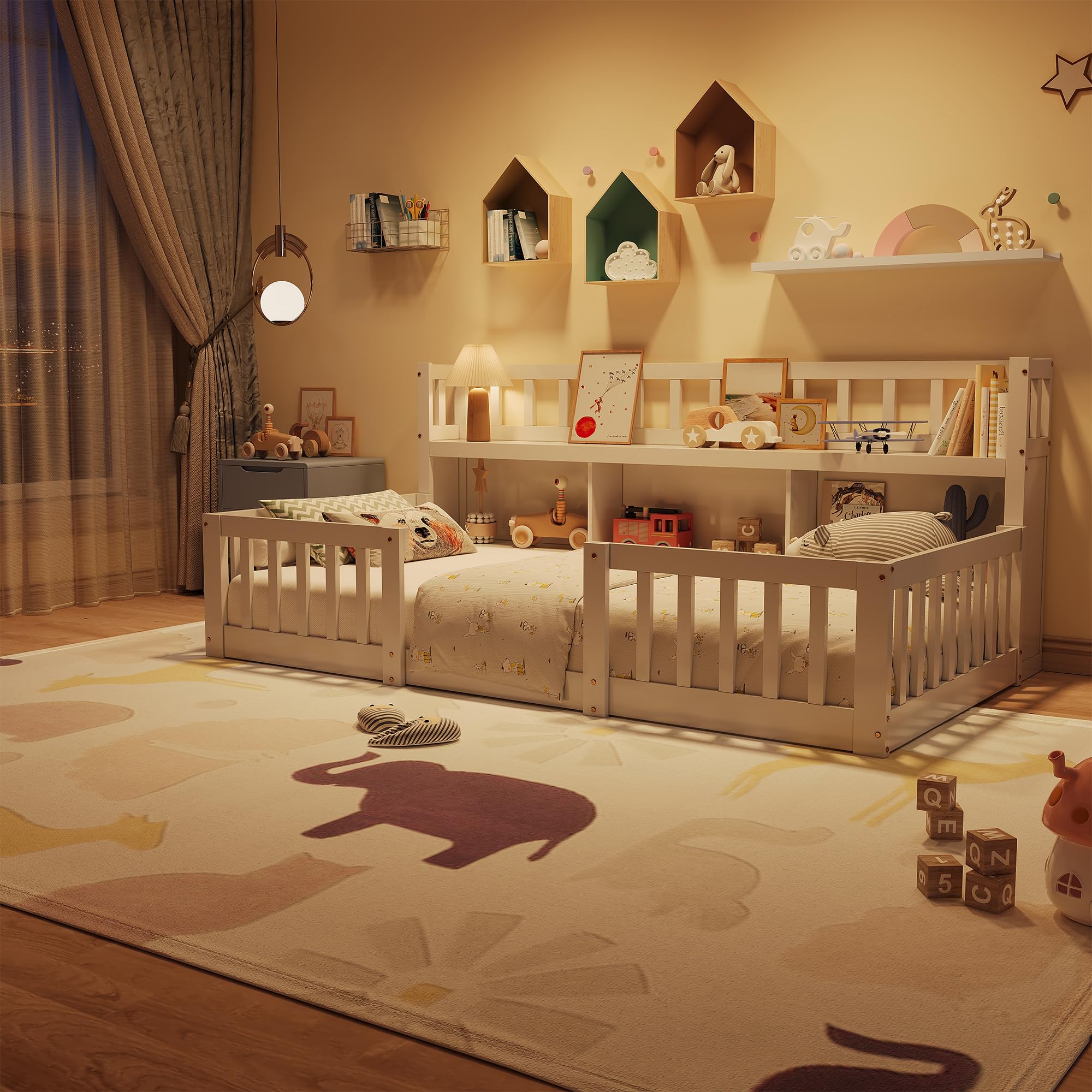 DADEA Montessori - Lettino da pavimento, 140 x 200 cm, con protezione anticaduta e rete a doghe, letto singolo per bambini e ragazzi, senza materasso