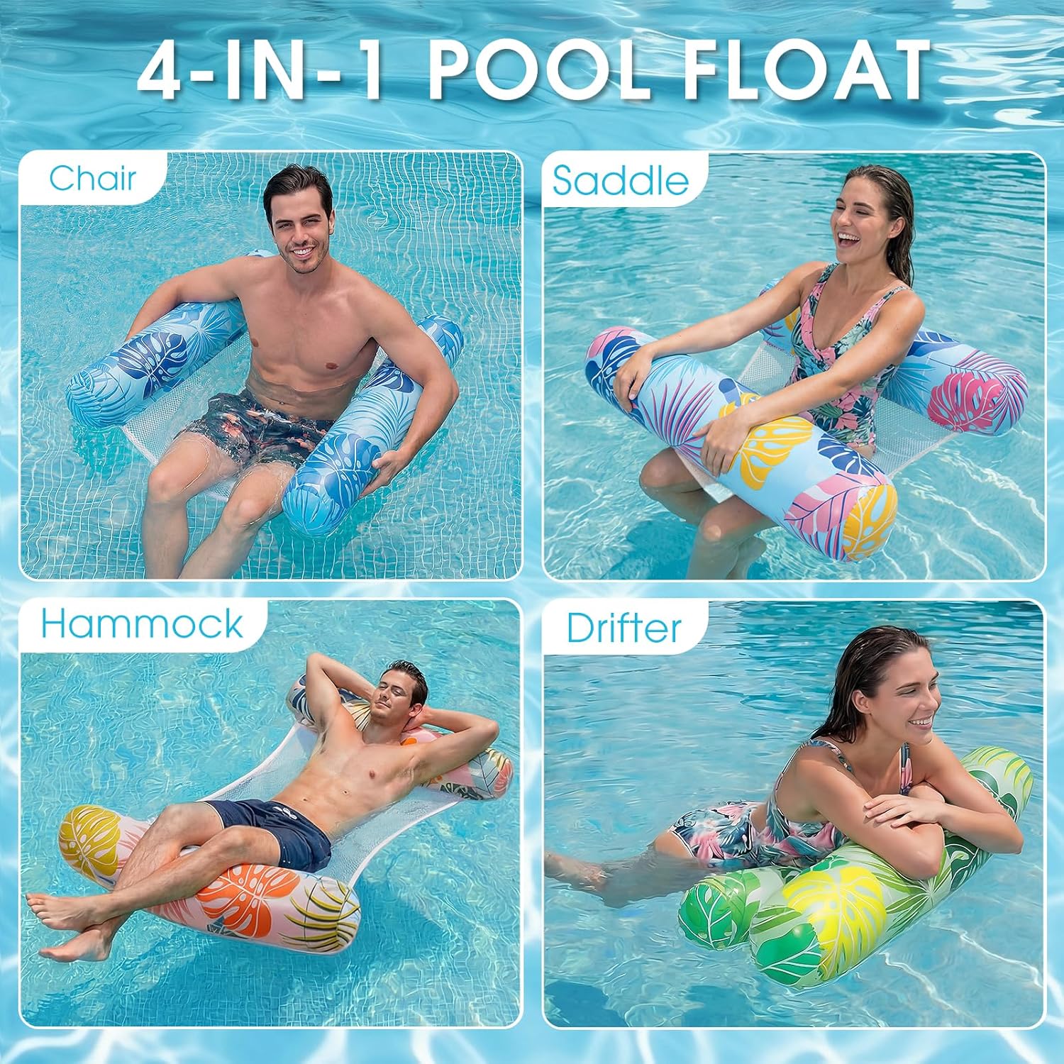 Gemscream Inflatable Pool Floats for Adults with Air Pump 4-in-1 Water Hammock Lounge Rafts Chairs Saddle Vacation Relax Toys for Summer Swimming Luau Party Beach