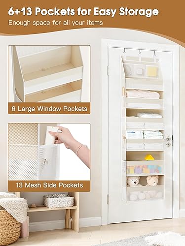 Miniatura 5 de Criusia Organizador sobre la puerta, almacenamiento colgante de 6 estantes con 13 bolsillos de malla, capacidad de 55 libras detrás de la puerta de