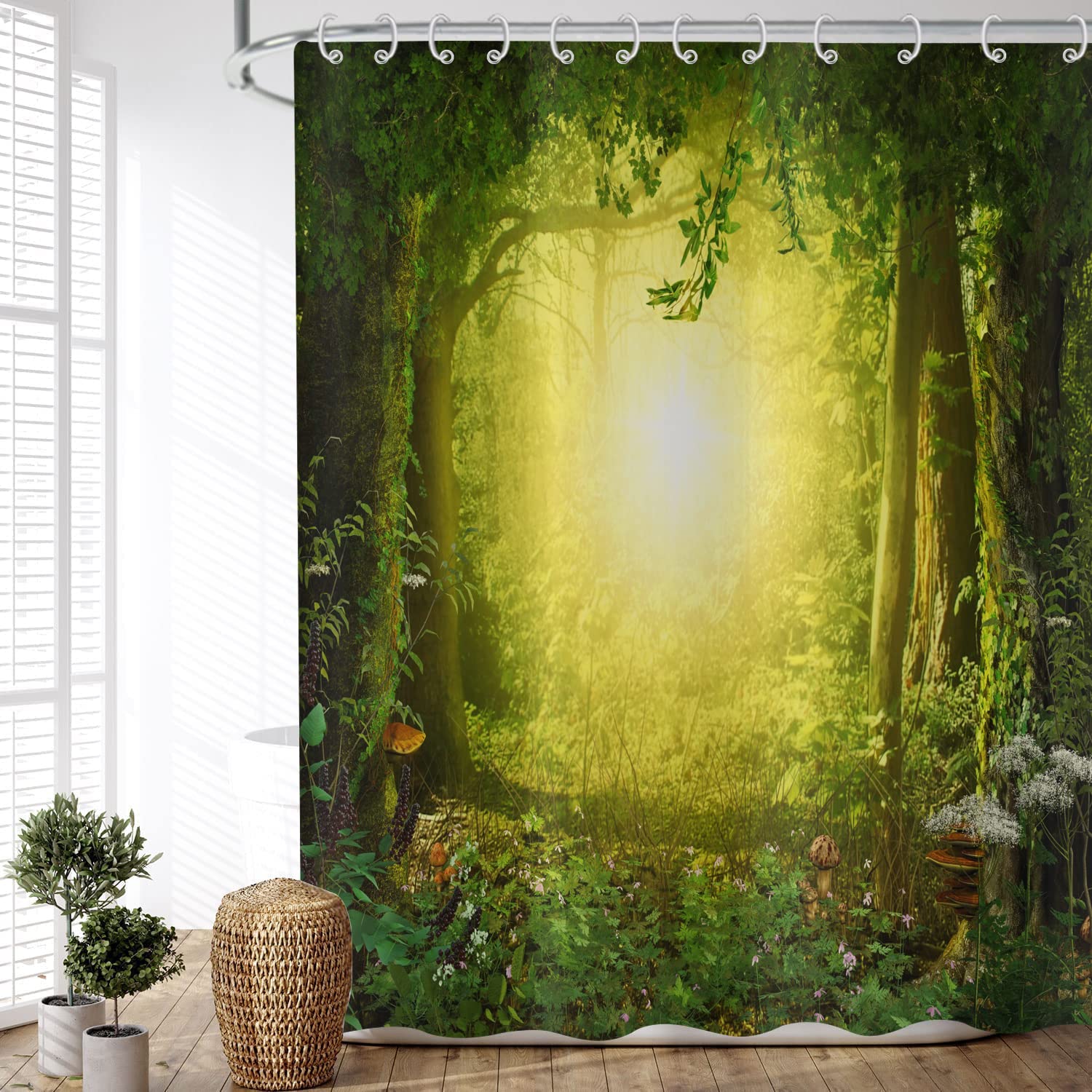 ASDCXZ Shower Curtain Forest 120x180 cm, Natural Landscape Green Forest Sunshine Motif Waterproof Textile Bath Shower Curtains Washable Polyester Fabric Shower Curtain for Bathtub with 8 Hooks — image 1