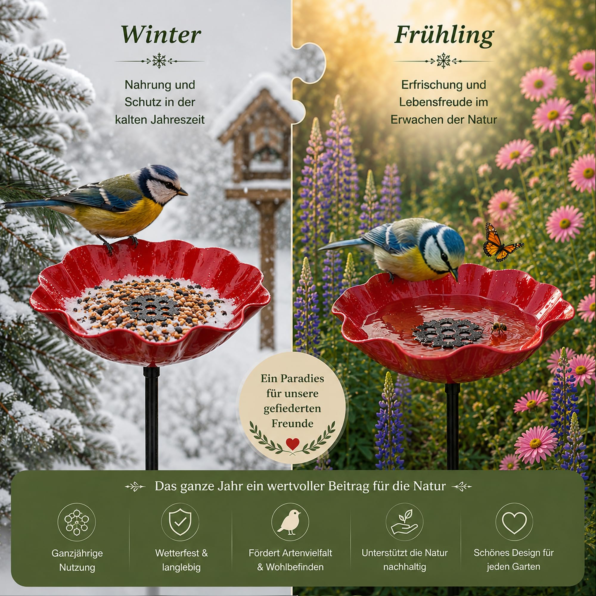 Vogeltränke Blume & Bienentränke aus Metall – Winterfest, Blumenform Gartenstecker, Wasser- & Futterstation für Vögel, Bienen & Schmetterlinge, Gartendeko Gartenstecker für Blumenbeet (4 IN 1)