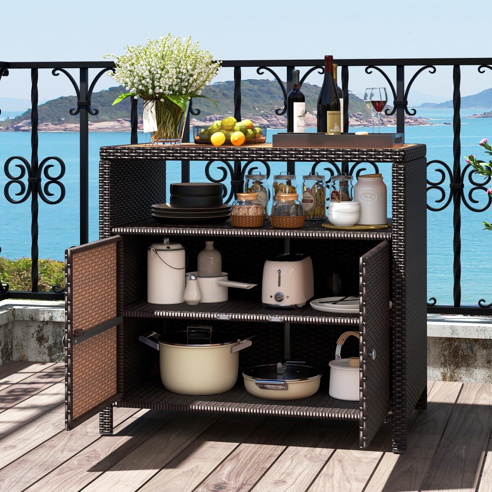KOMFOTTEU Armadio da Esterno Impermeabile in Rattan 90x53x86 cm Marrone