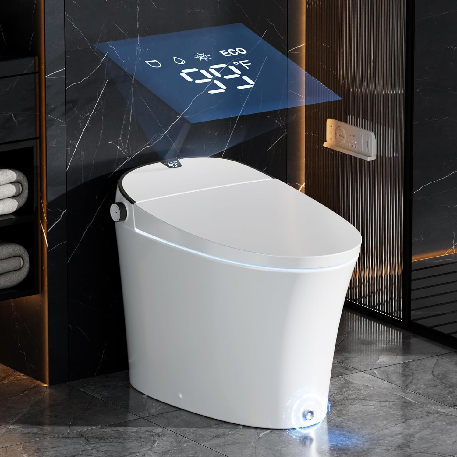 Smart Toilet with Bidet Built in, Luxury Bidet Toilet with Tank, Foam Dispenser for Self-Cleaning Shield, Heated Seat, Instant Warm Water & Dryer, Pump-Assist & Kick Flush, Digital Display
