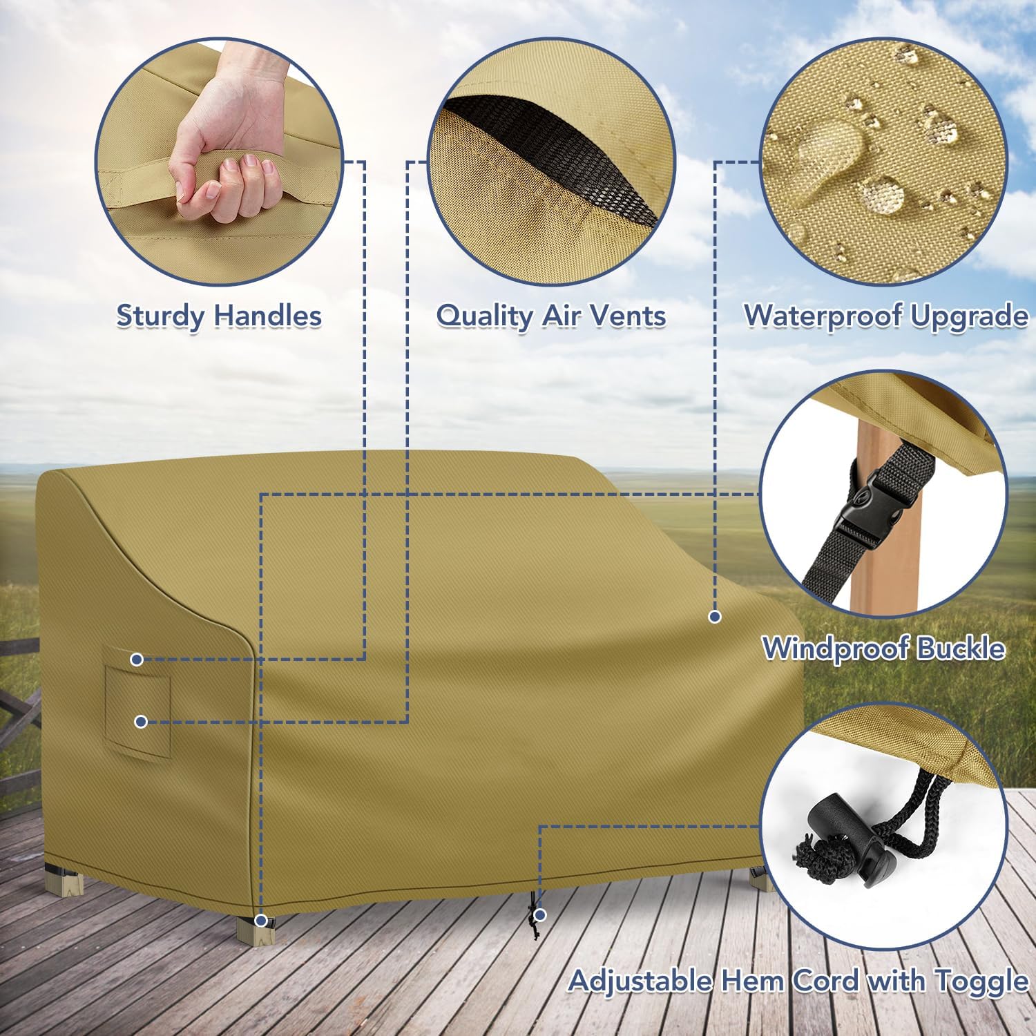 Outdoor Couch Cover Waterproof, 3-Seater Outdoor Sofa Cover, Patio Furniture Covers with Air Vent and Handles, 78W x 33D x 32H Inches, Khaki - Image 3