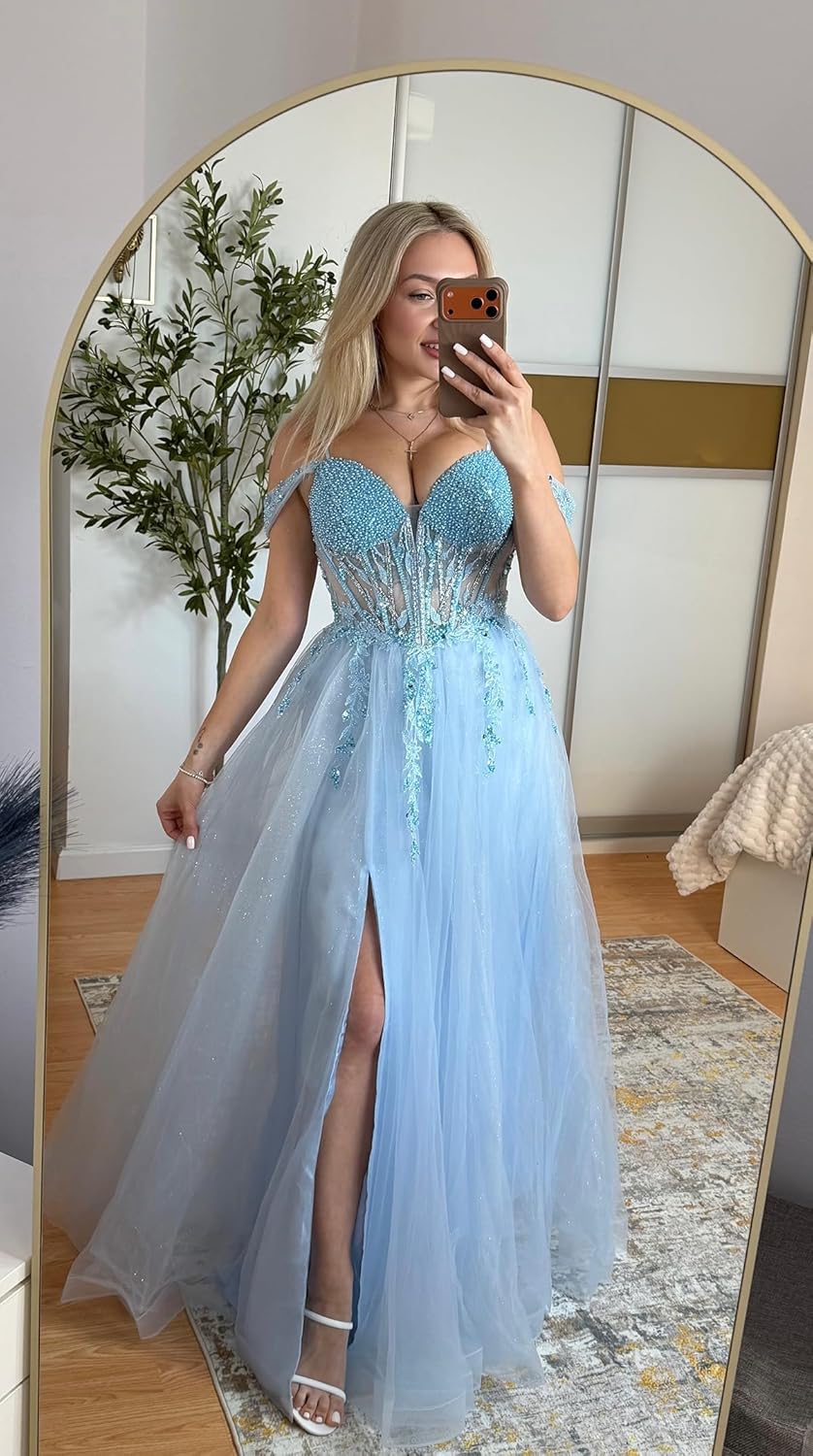 ForElise Beaded Tulle Prom Dresses 2026 Lace Appliques A Line Ball Gowns for Women