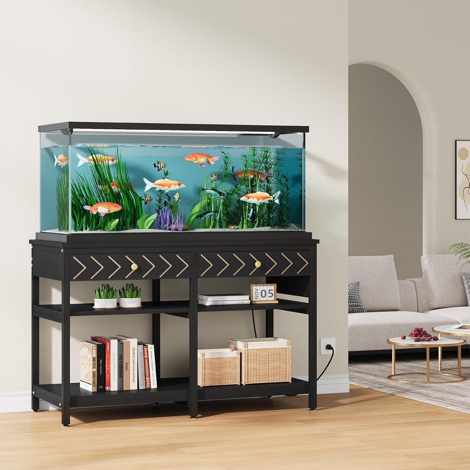 40-50 Gallon Aquarium Stand, Fish Tank Stand with Power Outlets and Drawers, Heavy Duty Metal Reptile Tank Stand for Turtle, 911LBS Capacity, Black (No Aquarium)