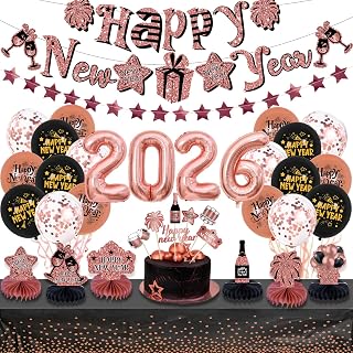Happy New Year Party Supplies 2026, 32 Pack with Banner, 2026 Balloon, Centerpieces, Tablecloth, Black and Rose Gold Party Decorations for Happy New Year Party Decorations