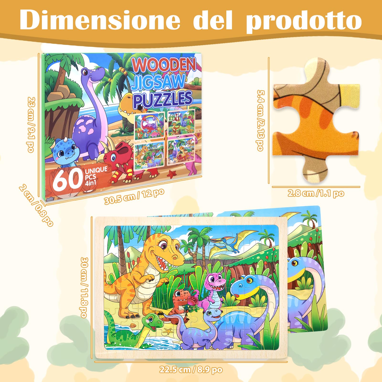 Puzzle legno per bambini 3-7, per bambini dai 3-4 anni Giocattolo per attività in dinosauro, Legno didattico regalo per viaggio su strada-4x60 pezzi