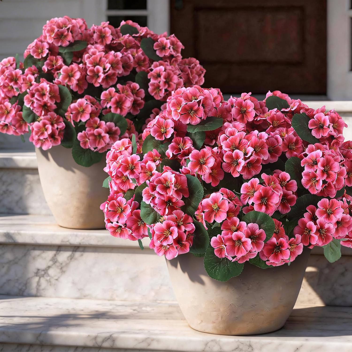 GLIDLION 12 Bundles Artificial Geranium Flowers for Spring Summer Decor, UV-Resistant Fake Plants Realistic Faux Silk Bouquets for Front Door Farmhouse Garden Porch Home Outdoor Decor (Peach Pink)