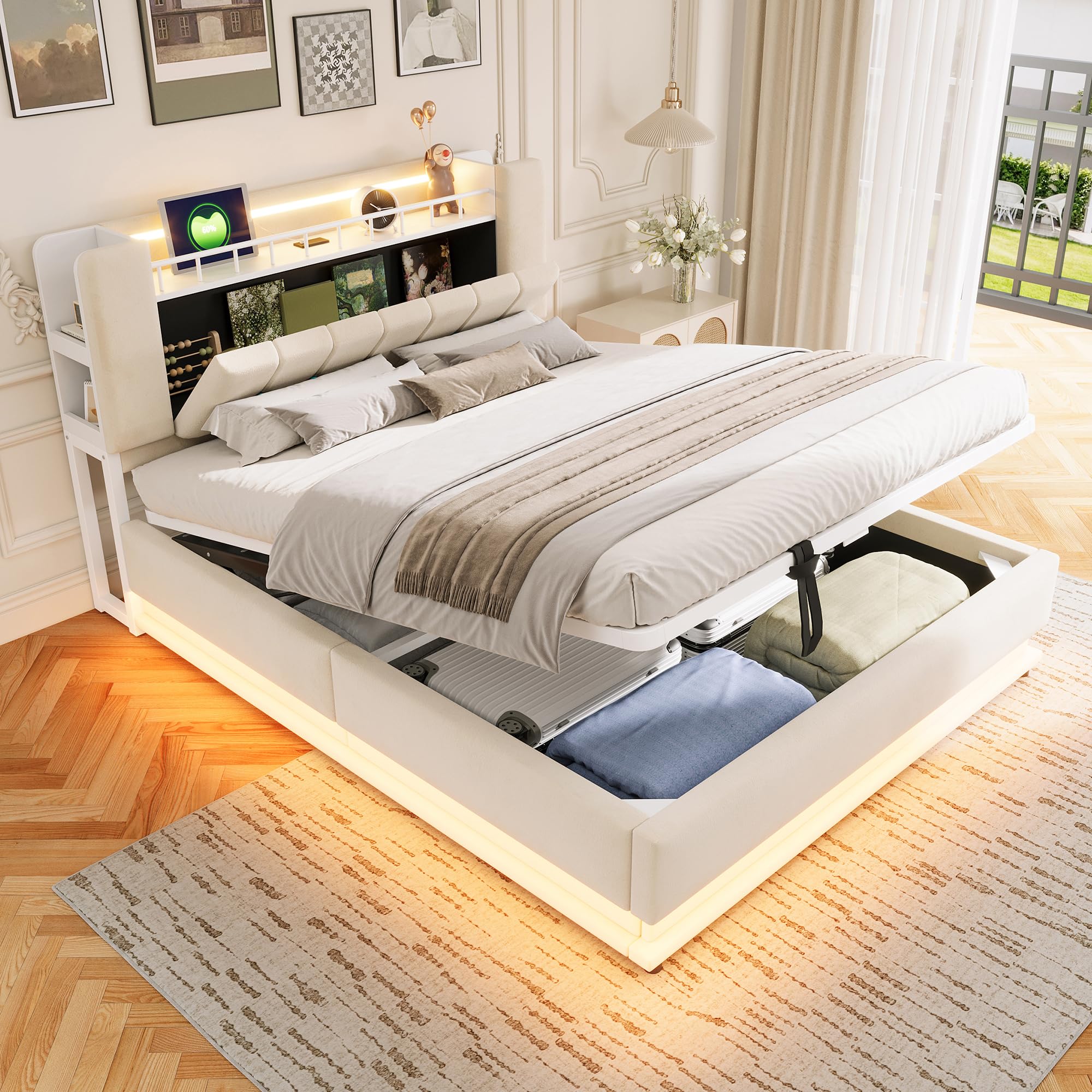 Letto matrimoniale imbottito con testiera e cassetto, 160 x 200 cm, beige