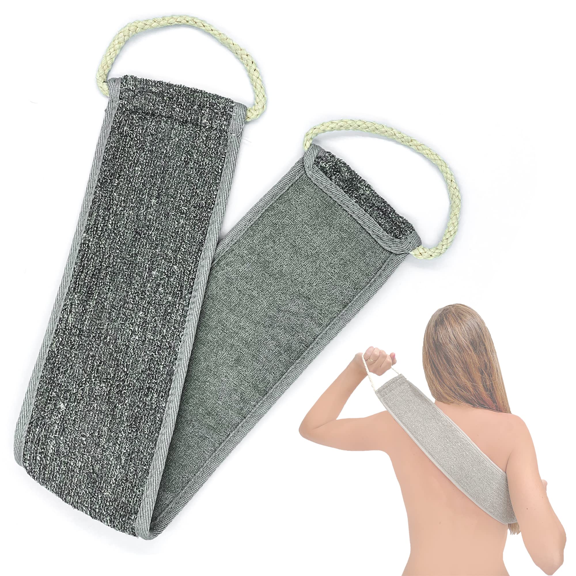 Cepillo de Ducha Espalda, 2 Texturas Suave y Exfoliante, Bambú Natural y Lino, Esponja de Baño Uso en Todo el Cuerpo, para Hombre y Mujer