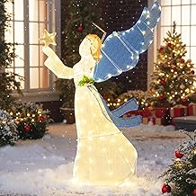 COSTWAY Pre-lit Christmas Angel, 3D Glittered Angel with LED Lights, Halo, Ground Stakes, Large Xmas Decoration Ornament for Indoor Outdoor (5FT, with 126 Lights)