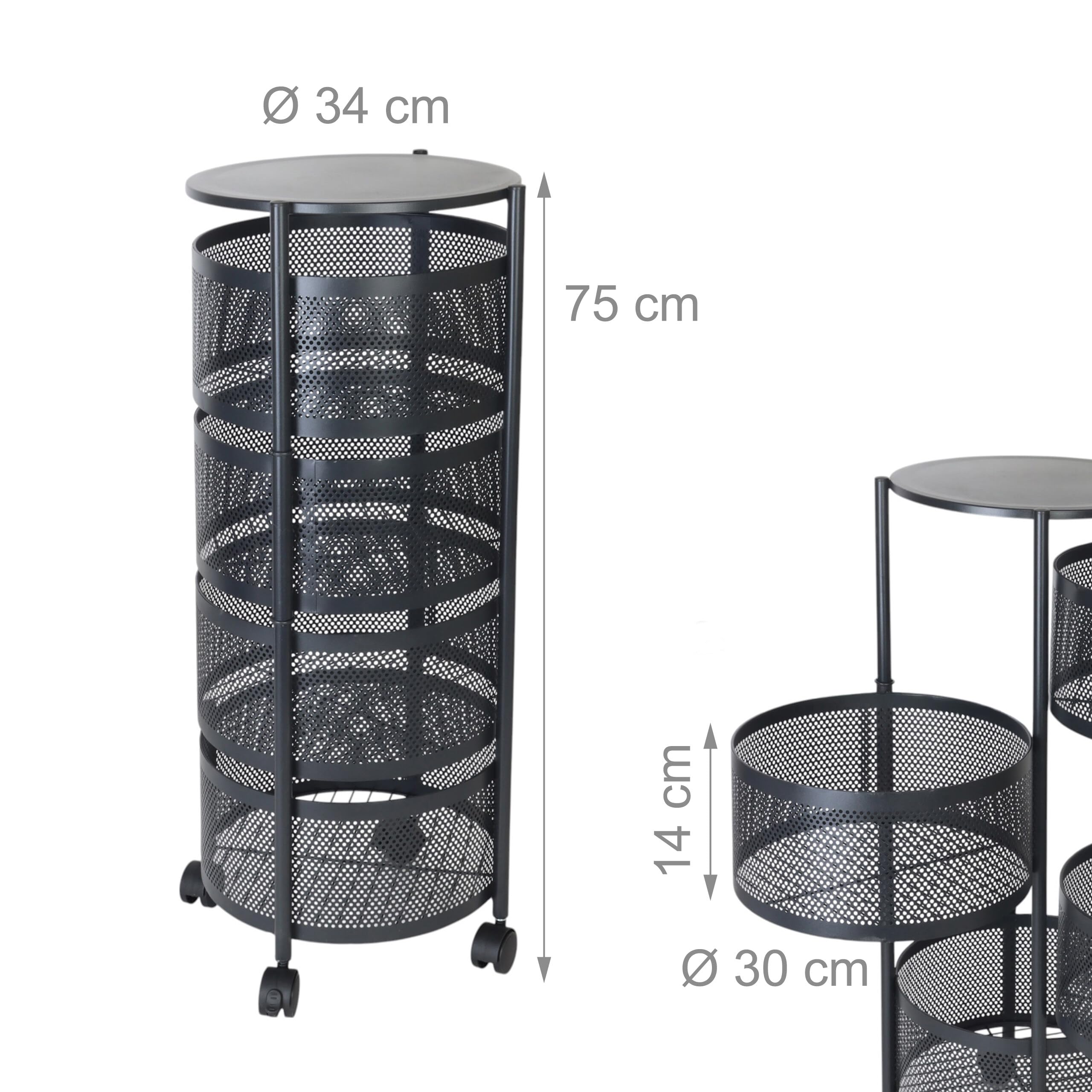 Relaxdays Carrello da Cucina con Ruote e 4 Ripiani Girevoli, HxL: 75x34 cm, Metallo, Carrellino Multiuso da Bagno, Nero