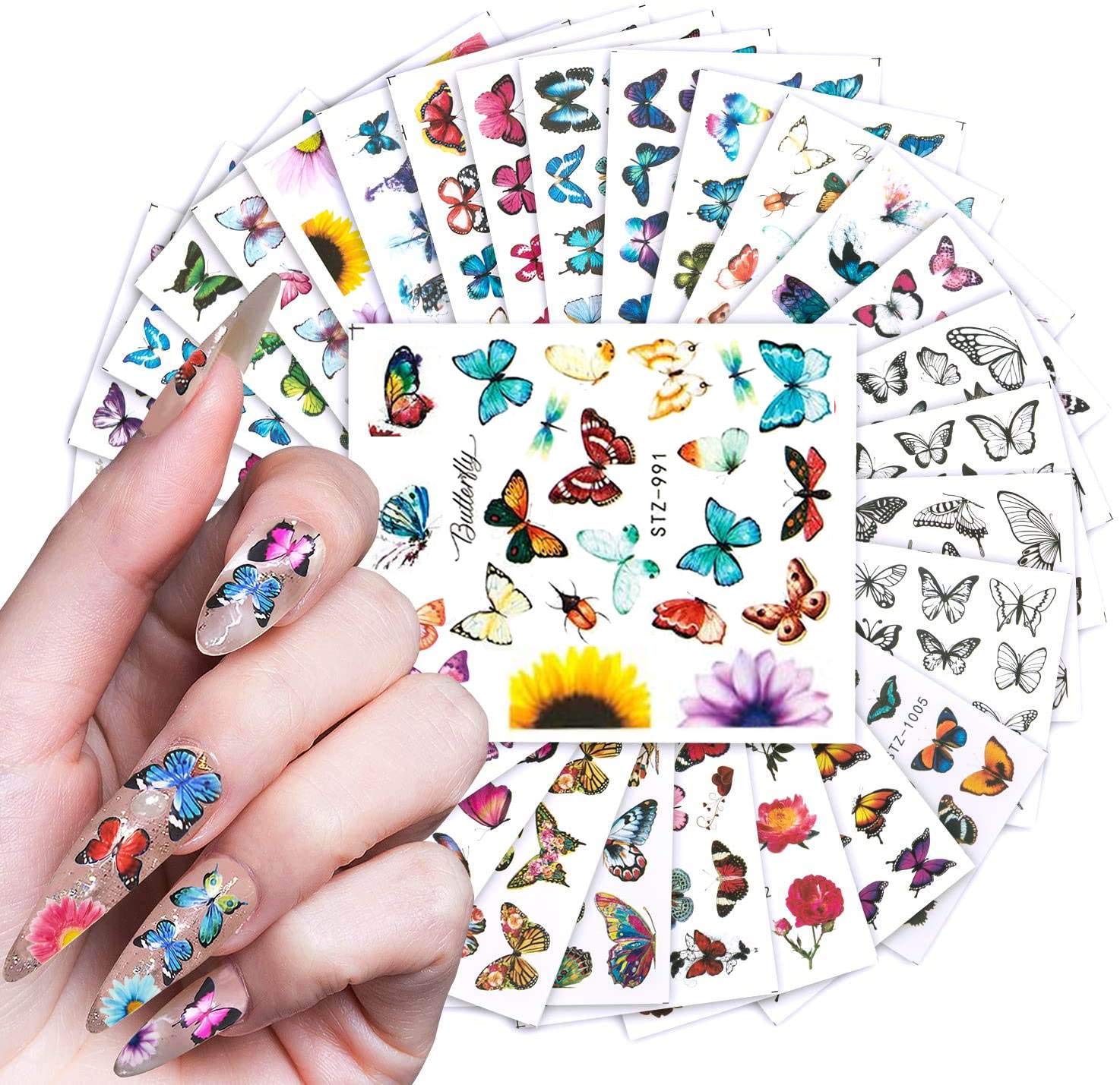 Amazon.com: BFY 30 PCS Butterfly Nail Art Decals Sticker Colorful Printing  Butterflies for Nails Art Design Water Transfer Decals Butterfly Nail Art  Foil Sticker French Romance Butterfly Acrylic Nail Art Supplies :