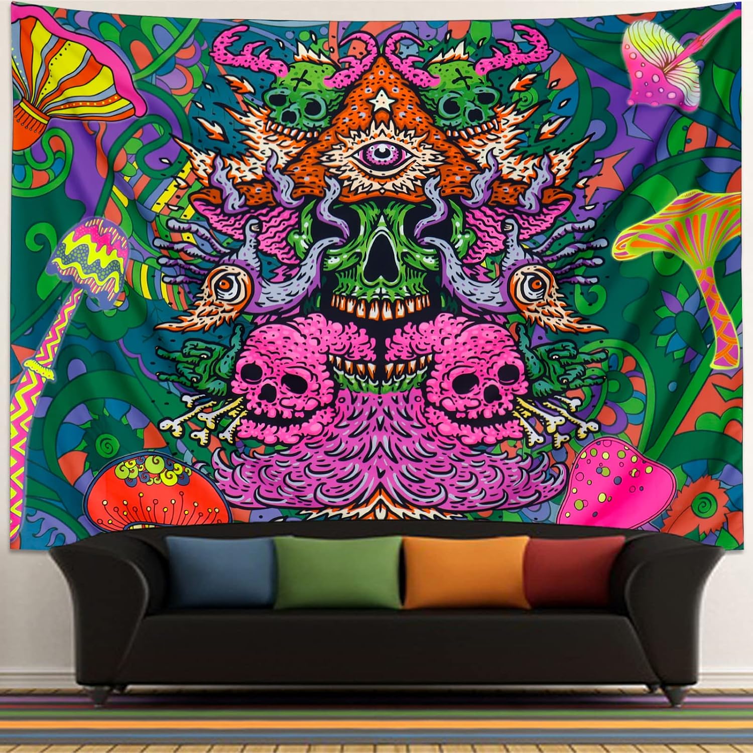 Leofanger Blacklight Skull Tapestry Aesthetic Backdrop Wall Hanging UV Reactive Colorful Hippie Black Light Tapestries for Bedroom home Decor (51.2 × 59.1 inches)