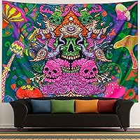 Vista 3 de Leofanger - Tapiz estético de calavera con luz negra, para colgar en la pared, reactivo a los rayos UV, colorido, hippie, para decoración del hogar