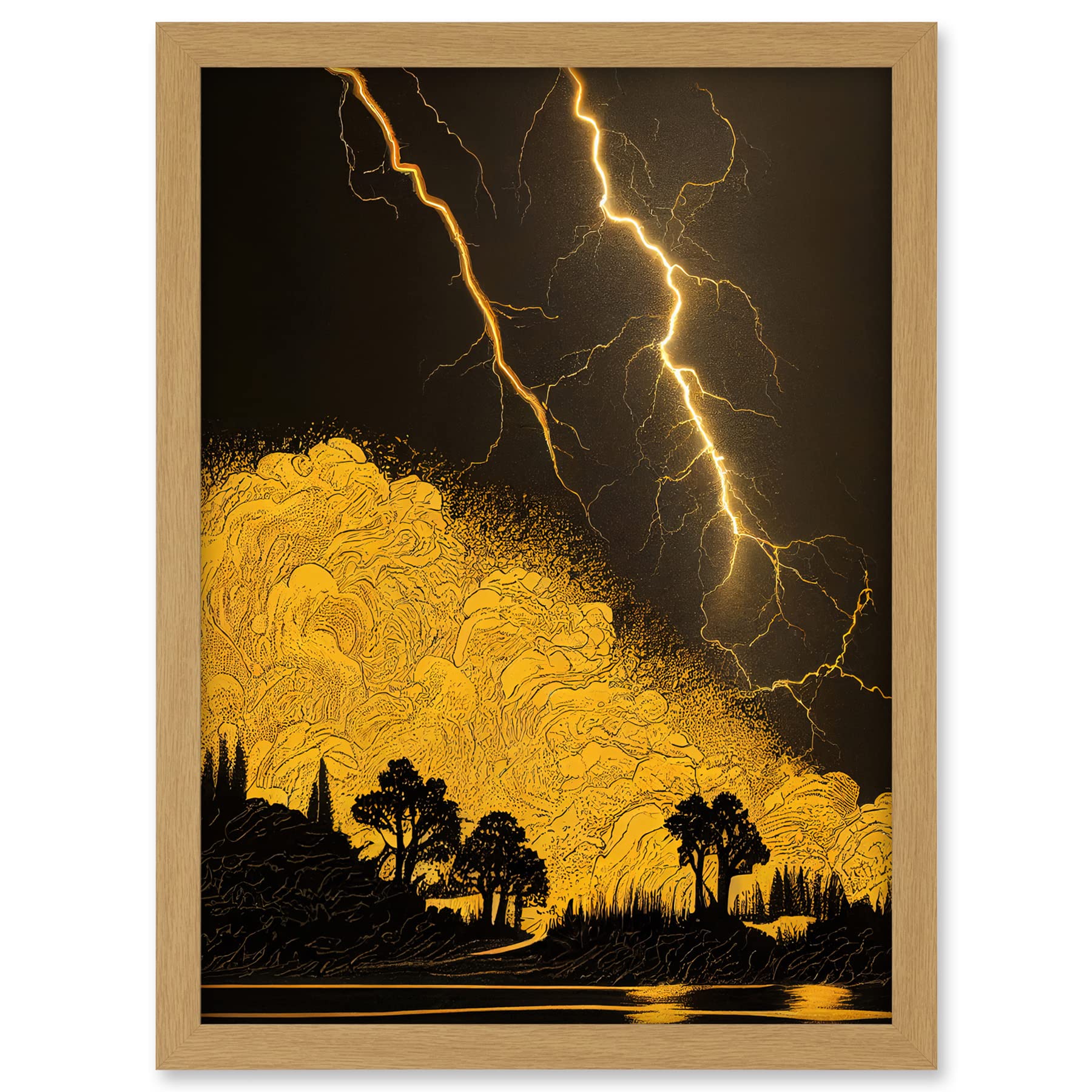 Wee Blue Coo Gold and Black Thunder Storm with Bright Lightning at Lakeside Tree Silhouette Artwork Framed A3 Wall Art Print