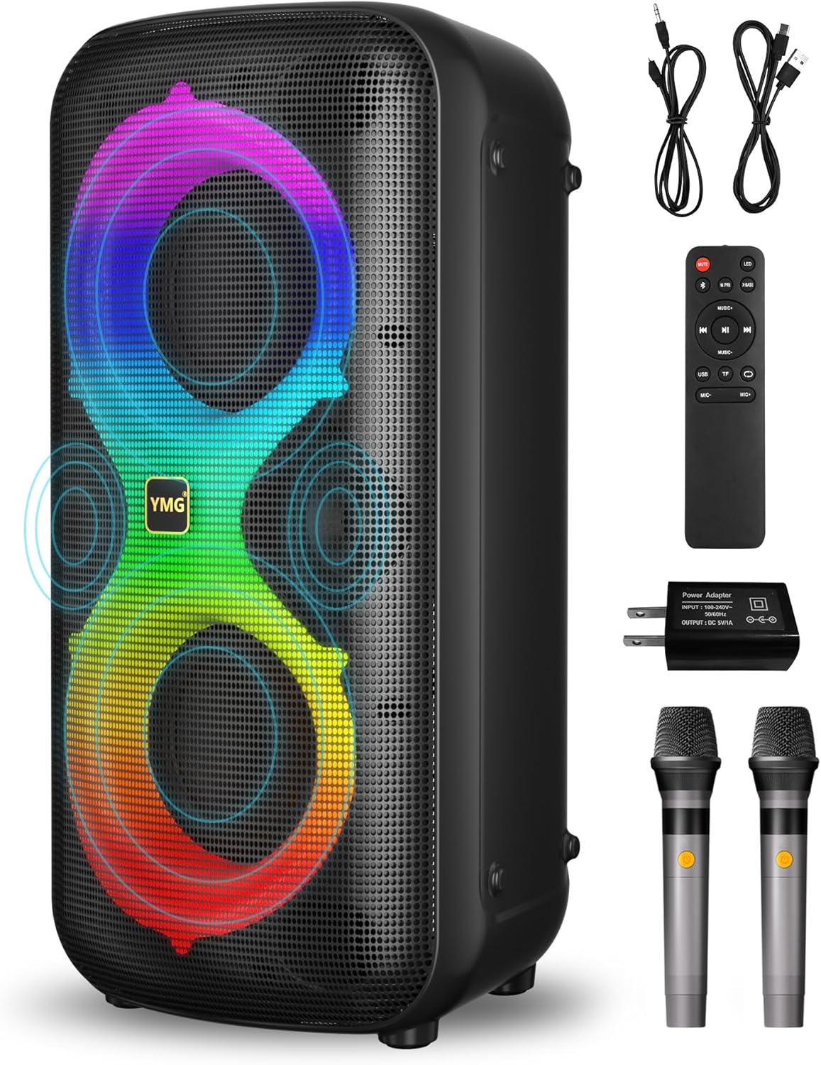 YMG Karaoke Machine for Adults Portable Blue Tooth Party Speaker with 2 Wireless Microphones, 300W Peak PA System Deep Bass with LED Disco Lights for Outdoor Home Party Gift
