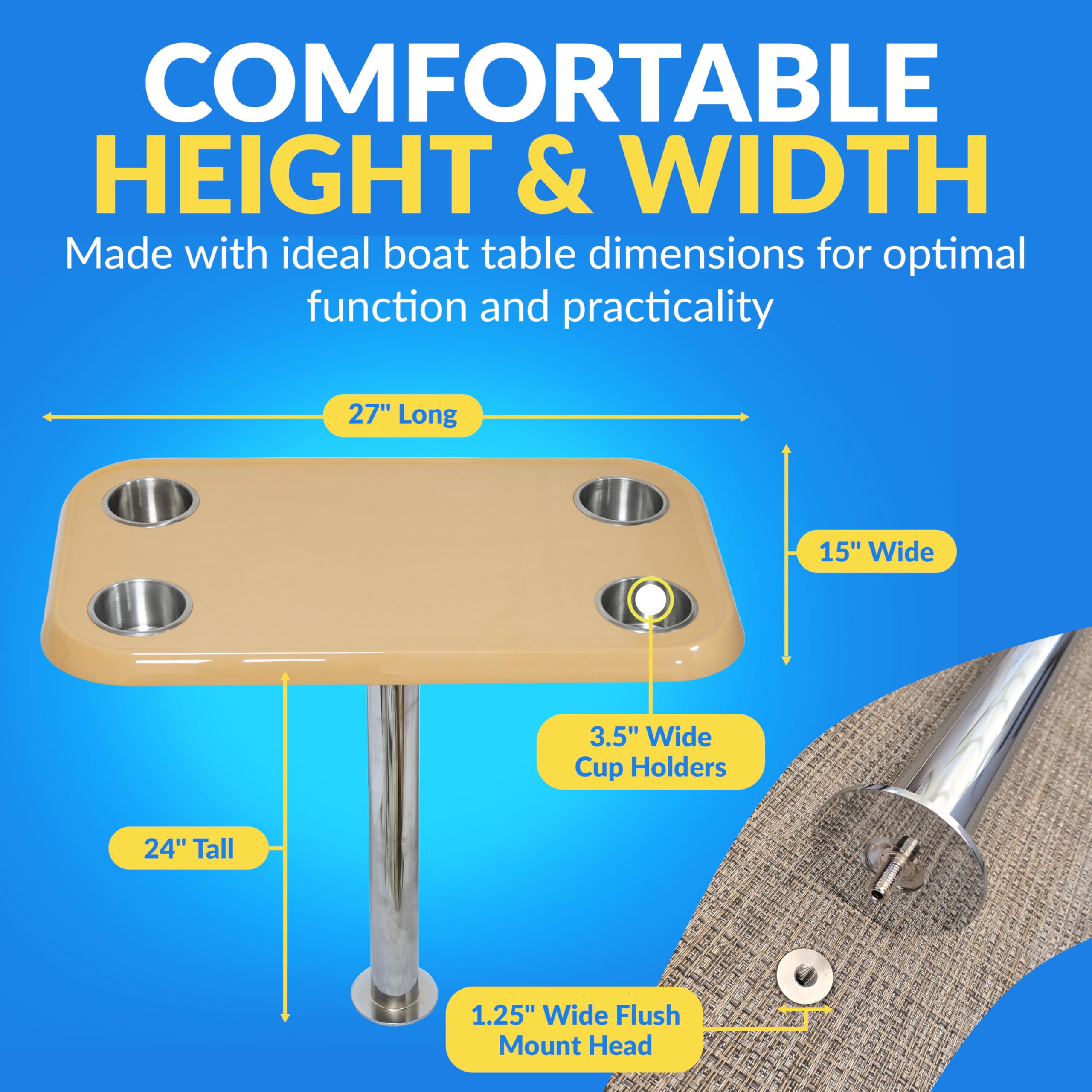 Taupe Pontoon Boat Table Top & Post - No-Wobble Pontoon Table with Flush Mount Anchor & Stabilizing Floor Plate - Easy-to-Install, Compact Design with Modular Accessory Mount - Available in 6 Colors