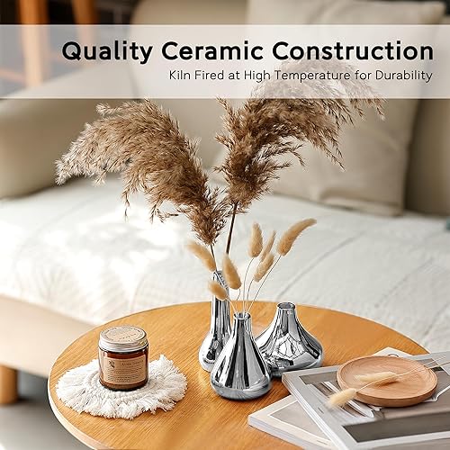 Miniatura 6 de Port&Petal - Juego de 3 jarrones plateados para decoración del hogar, pequeños jarrones para decoración de mesa, decoración de baño plateada,