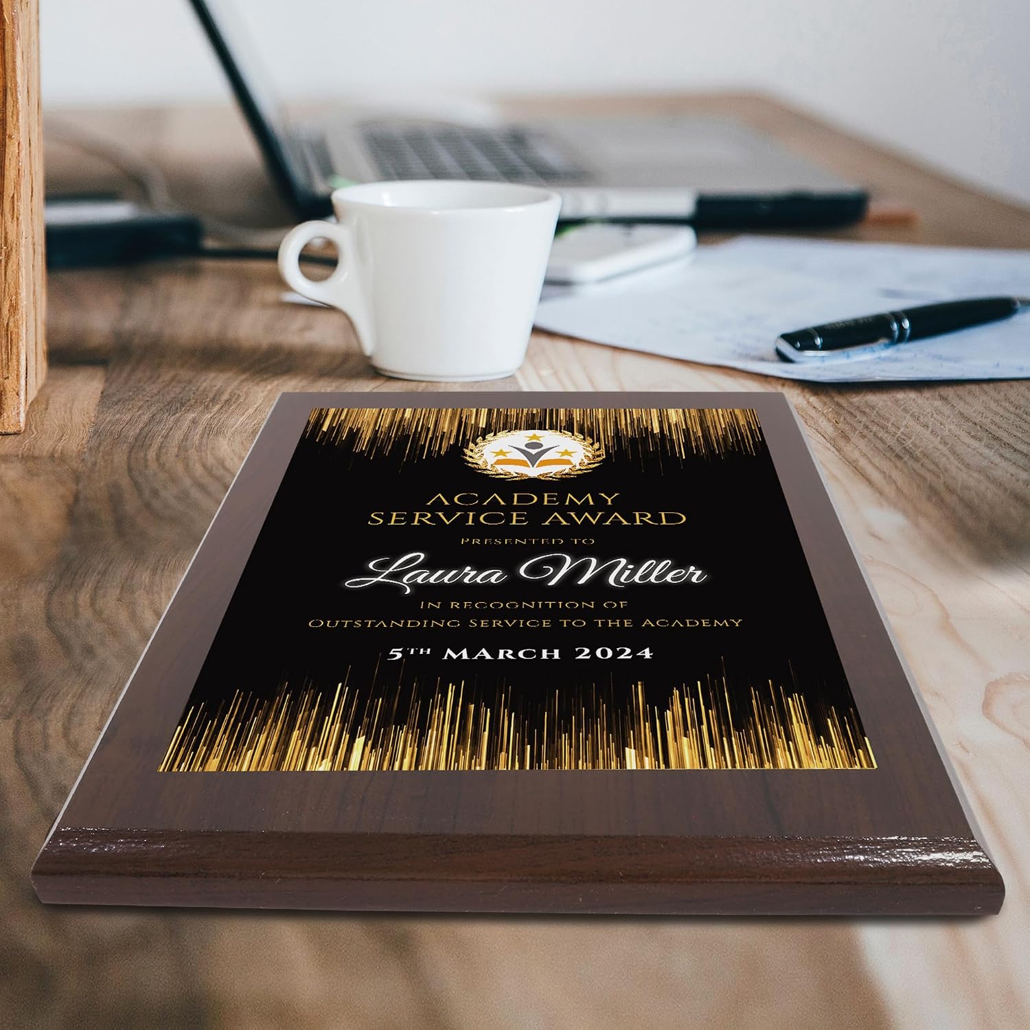9" x 12" Custom Wall Plaque for Awards and Recognition - High Gloss Mahogany Finish With Keyholed Back for Vertical and Horizontal Hanging, Personalized Office Wall Decor (Design A)