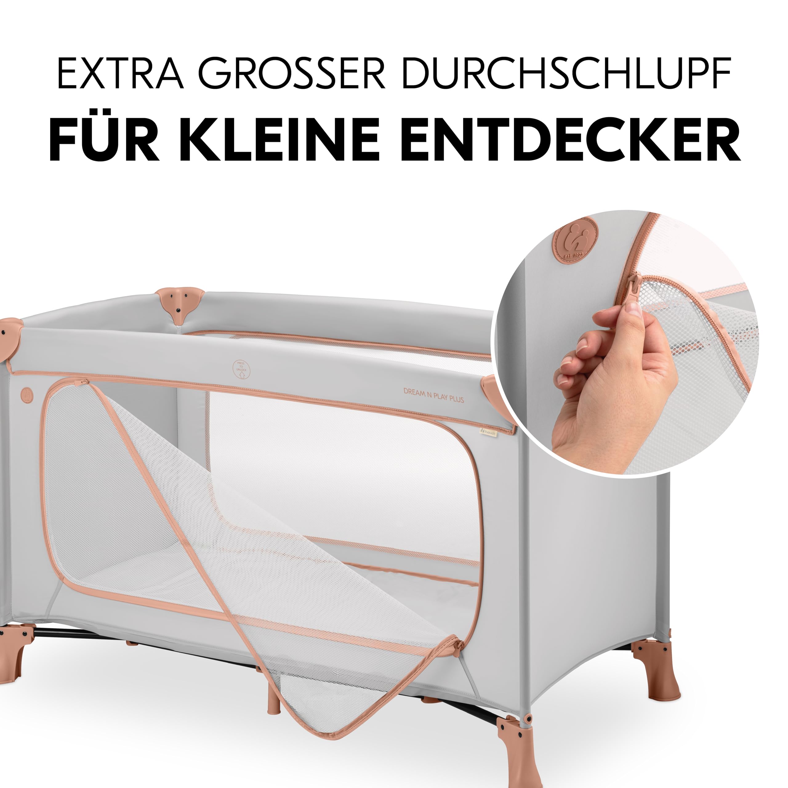 hauck Kinderreisebett Dream N Play Plus inkl. Spielbogen, Dusty Cork/Forest - ab Geburt bis 15 kg - mit XL Spiel Schlupf & Tragetasche - Leicht & Klein Zusammenklappbar