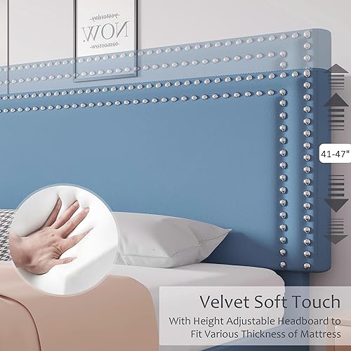 Miniatura 34 de VECELO Base de cama de tamaño matrimonial con cabecera tapizada ajustable, plataforma de listones de madera, diseño sin ruido, fácil montaje Negro