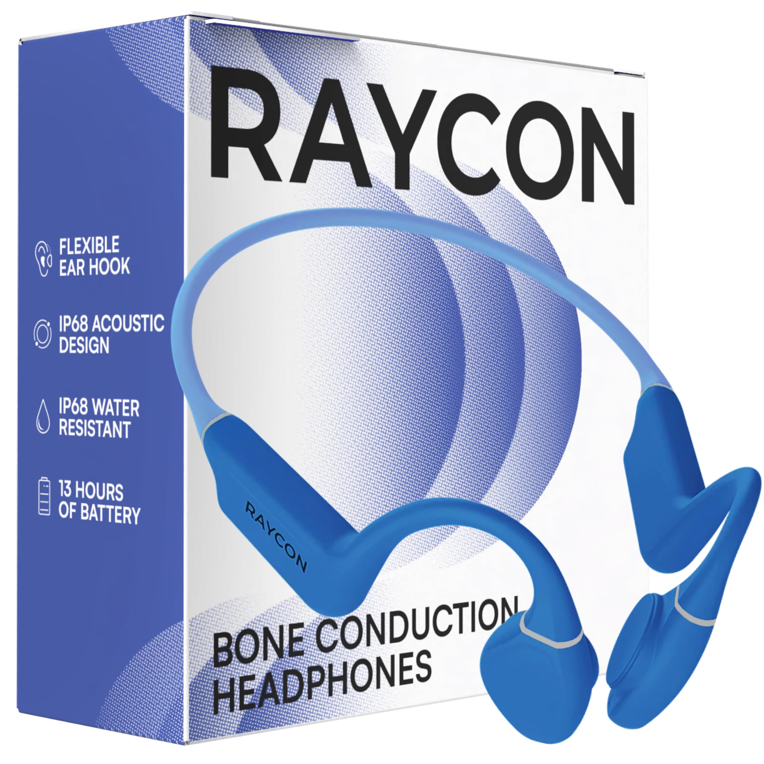 Raycon Cuffie Bluetooth a conduzione ossea, cuffie aperte da corsa, resistenti al sudore e all'acqua, con microfono, per sport e allenamento, 13 ore di riproduzione (blu)