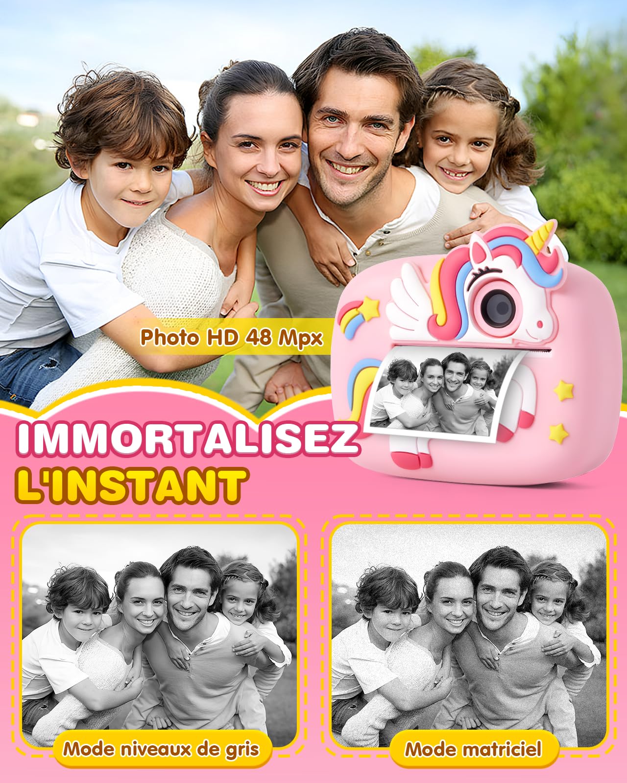 Lullu Appareil Photo Instantané Enfant, 48MP Imprimante Kid Camera 3-12 Ans | 1080P Antichoc, 32GB Carte, 4 Papier Impression, Numériques Thermique, Cadeau Jouet Noël Anniversaire pour Fille & Garcon