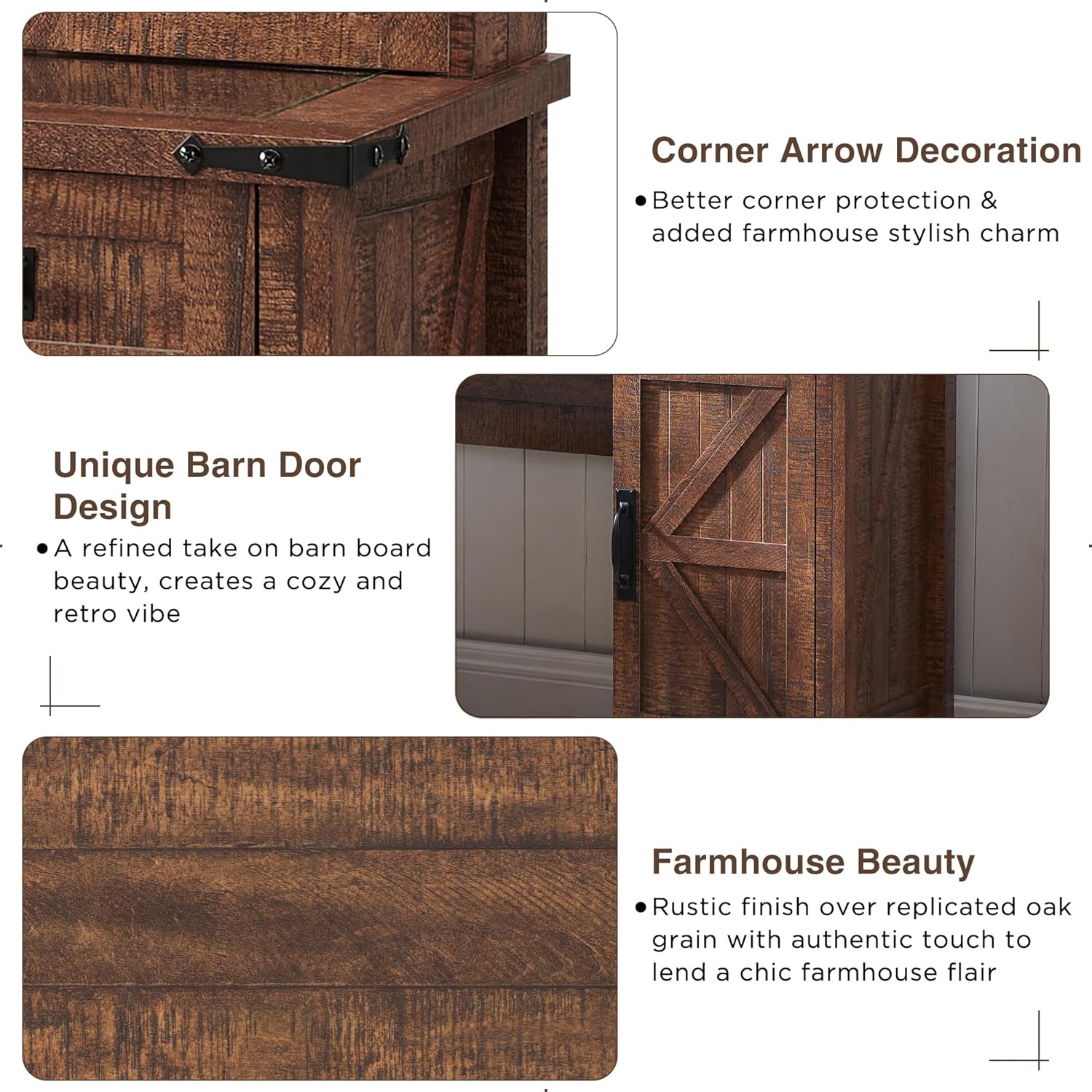 Close-up images highlighting the corner arrow decoration, unique barn door design, and farmhouse wood grain texture.