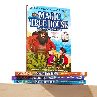 The first book in the Magic Tree House Graphic Novel Starter Set is standing on the three others from the set. The standing book features a pirate in a red top looking down at two children dressed for adventure. In the background is the sea and a sailing ship.