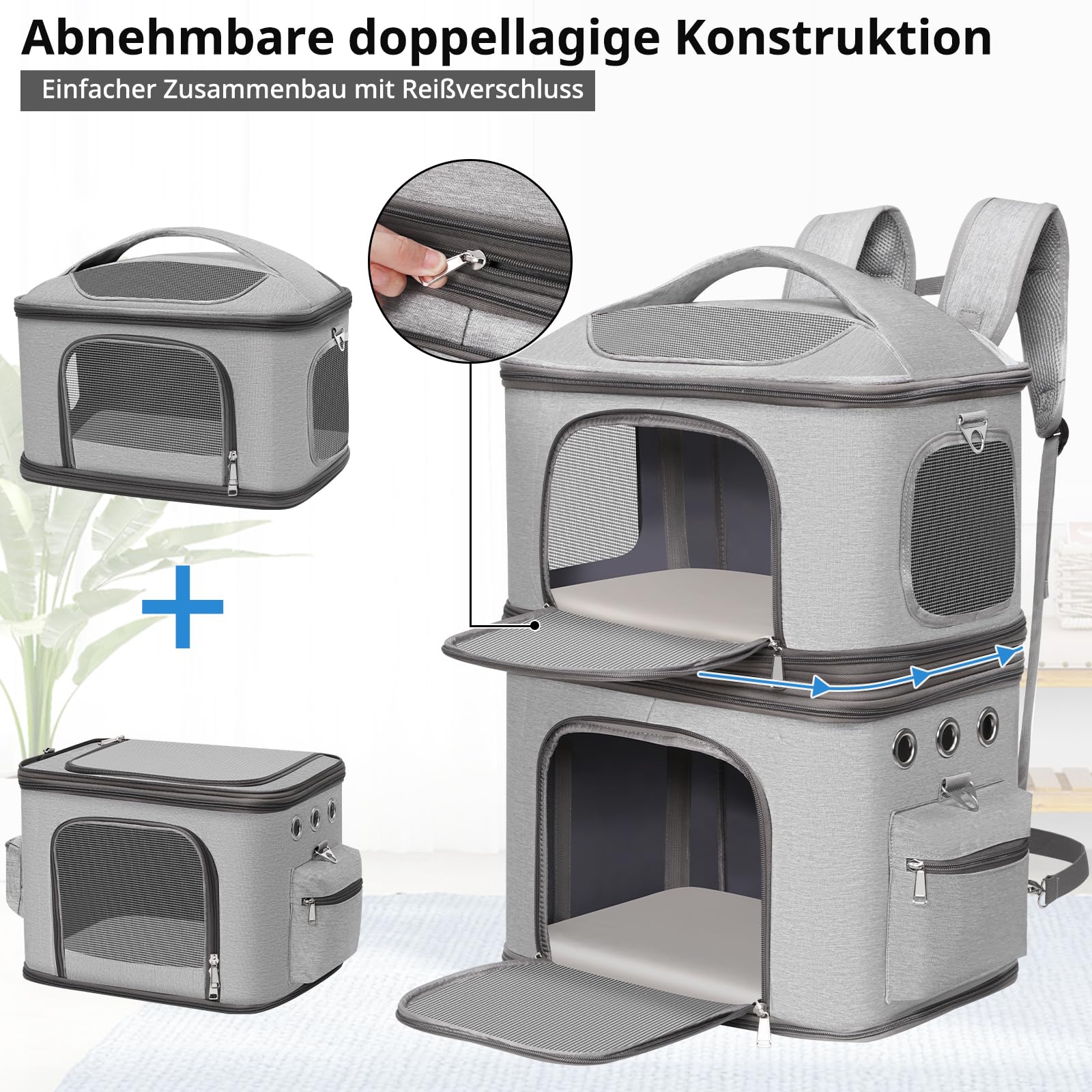 Abnehmbarer Katzenrucksack für 2 Katzen bis 12kg, Faltbar Katzentransportbox, Kucksack Groß für 2 Katzen, Perfekt für Reisen/Wandern/Camping, Grau