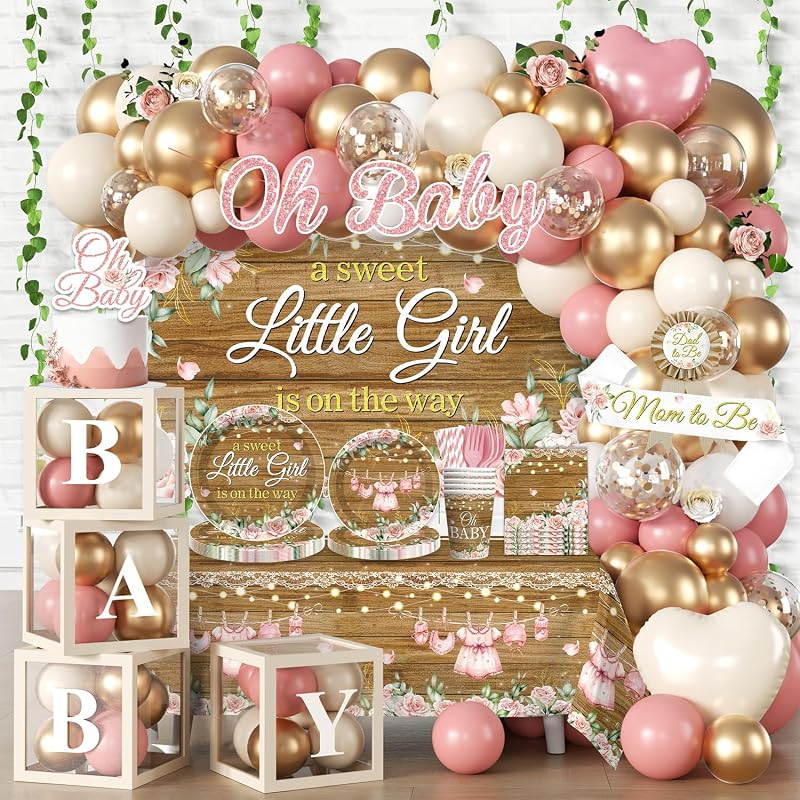 243pcs Floral Baby Shower Decorations for Girls, Serves 25 | Easy setup pink baby shower set includes 350gsm plates, backdrop, banner, tablecloths, sash, badge