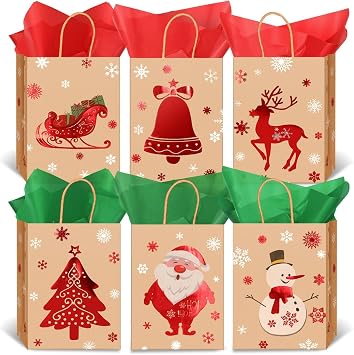 DTOFOOT Christmas Bags, 18Pcs Christmas Treat Bags with Handles 20Pcs Tissue Paper Small Holiday Paper Goodie for Holiday Party Favors