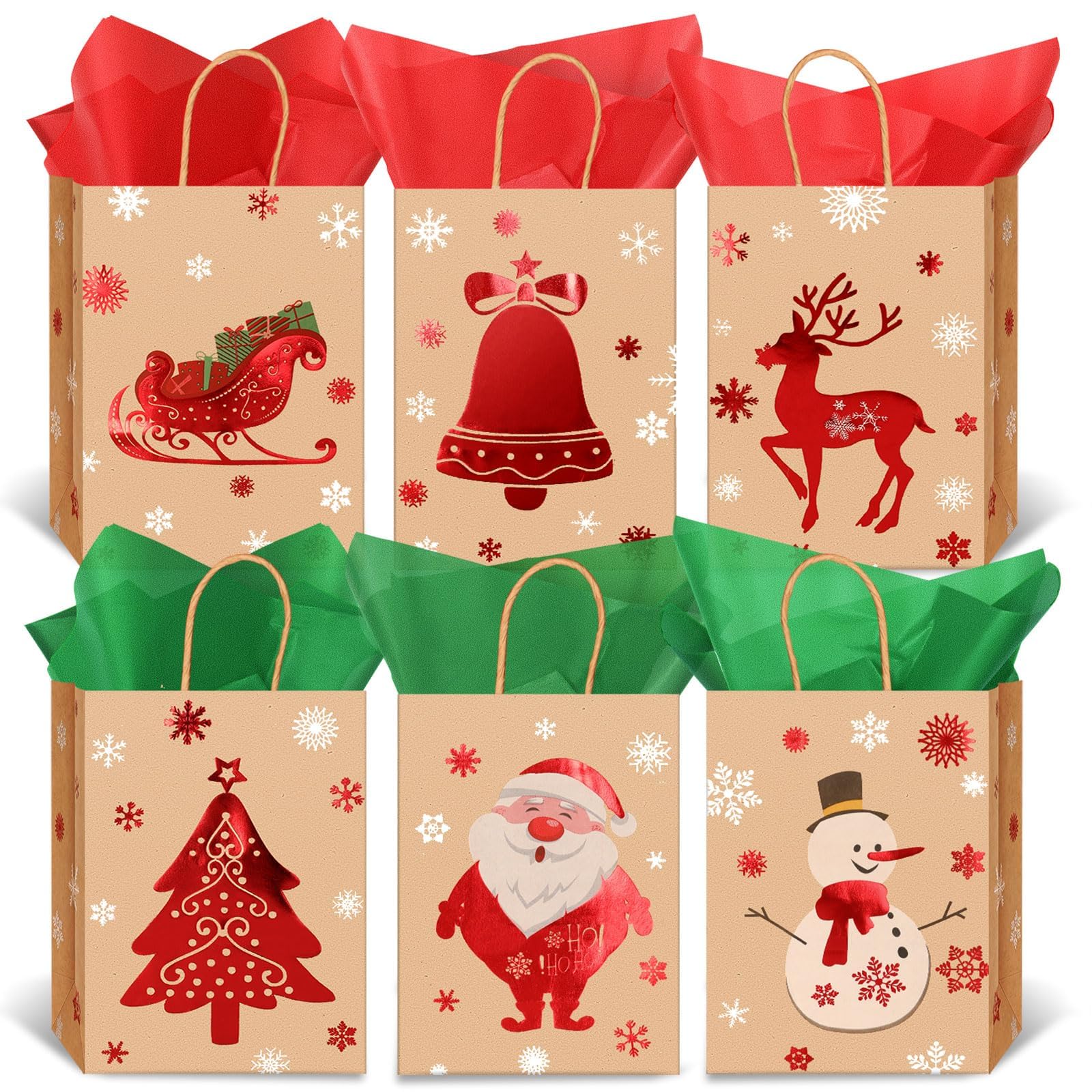 DTOFOOT Christmas Bags, 18Pcs Christmas Treat Bags with Handles 20Pcs Tissue Paper Small Holiday Paper Goodie for Holiday Party Favors