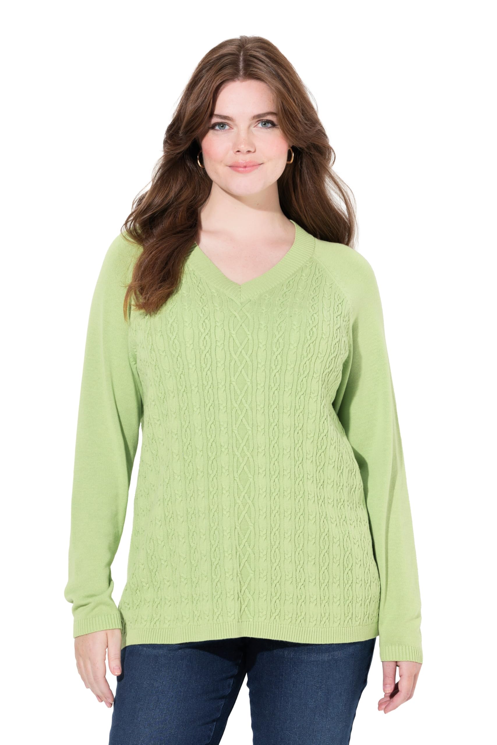 Ulla Popken Damen große Größen Übergrößen Plus Size Pullover, Zopfmuster, V-Ausschnitt, Langarm 834966