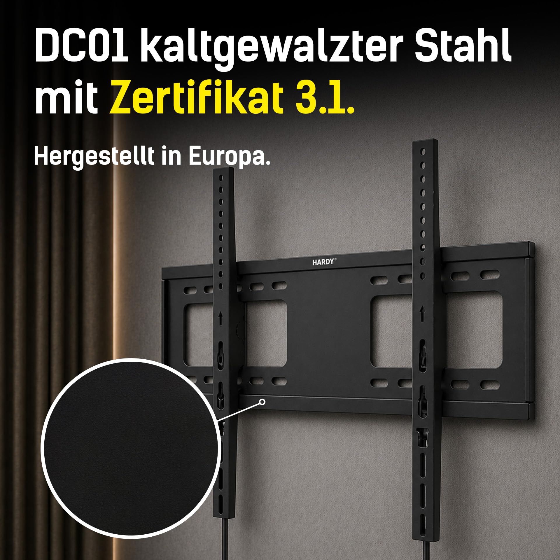 H Hardy TV Wandhalterung MaxX 120 Flach 60-120 Zoll Bis 120 kg | Nur 28 mm wandnah mit rückseitigem Sicherungsverschluss, VESA 150x150-1000x600 mm, inklusive Wasserwaage und Montageset