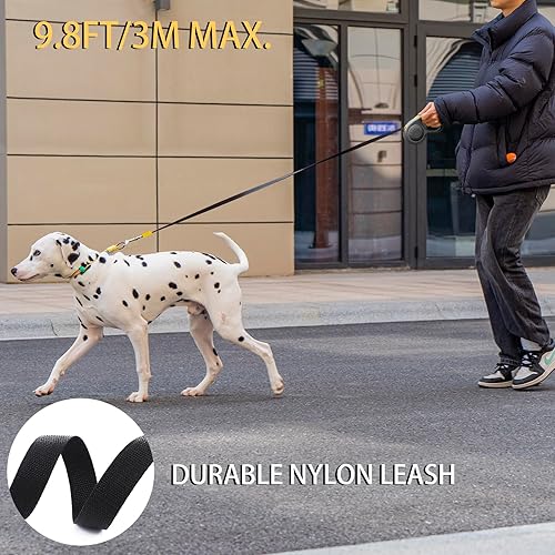 Miniatura 4 de JSXD Correa retráctil para perro de 360 sin enredos con freno con una sola mano, pausa, bloqueo, cinta de nailon resistente de 10 pies para