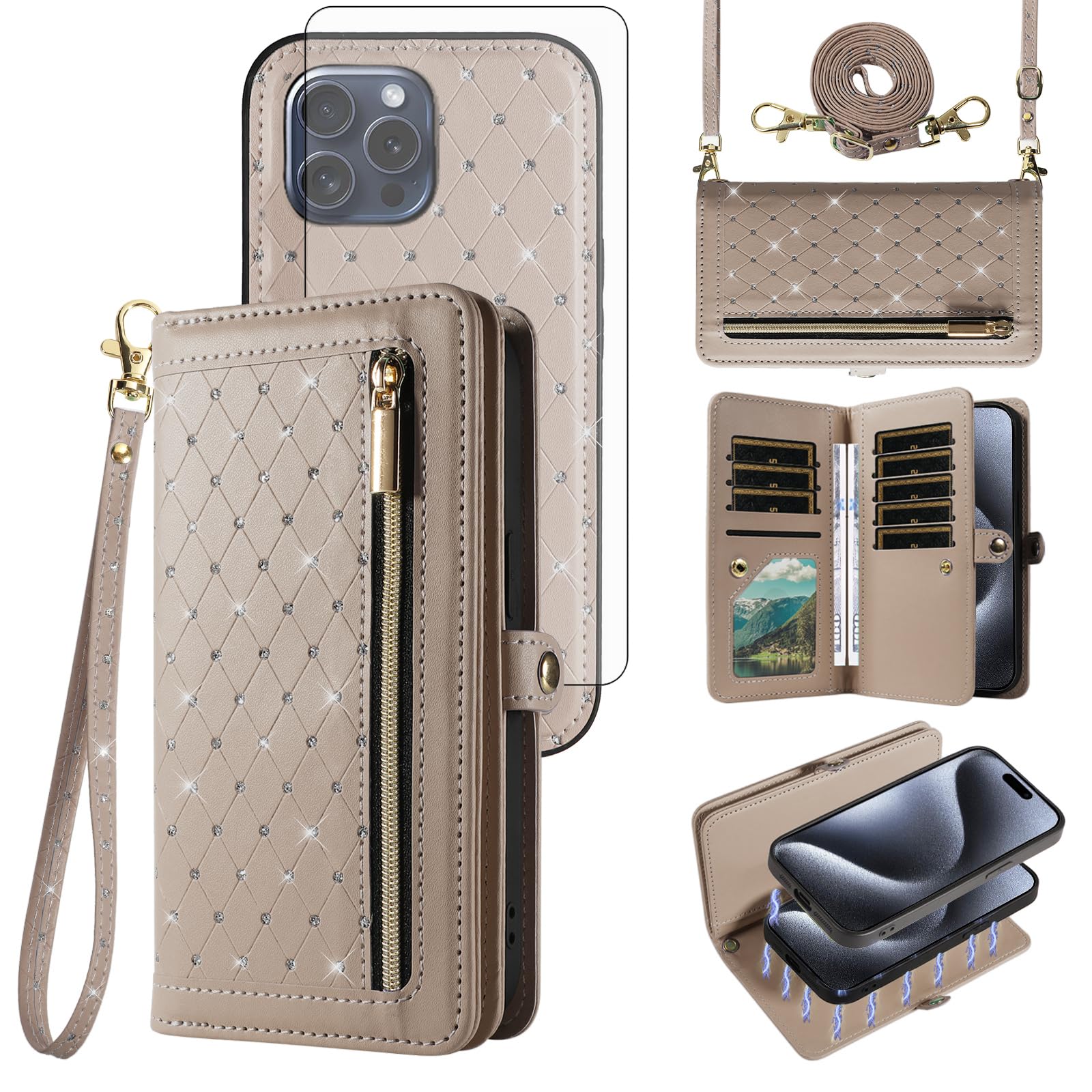 Custodia per iPhone 15 Pro Max da 6,7 pollici, con cerniera, custodia rimovibile con pellicola protettiva per lo schermo, tracolla con cordino glitterato porta carte di credito i Phone15 15Pro i15