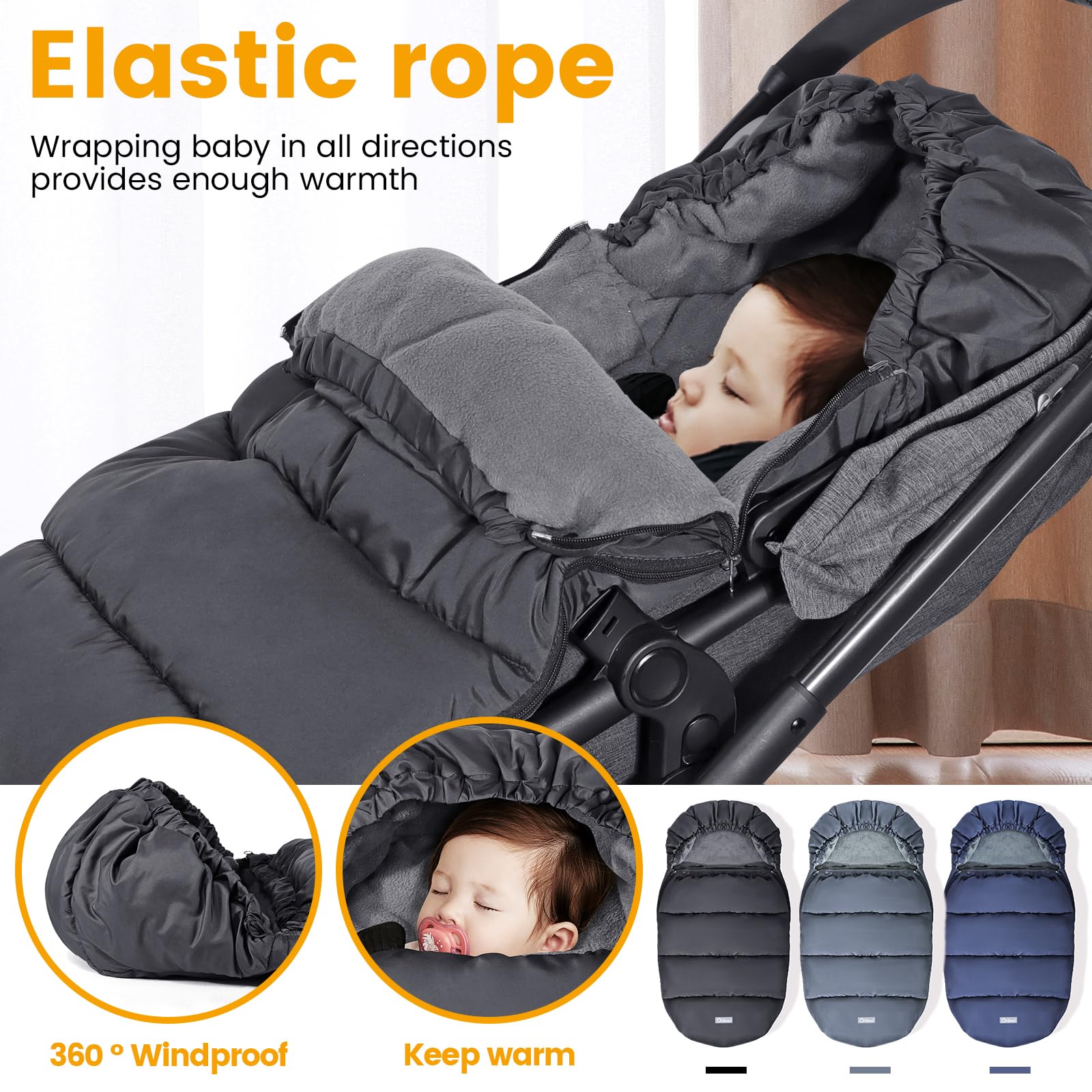 Orzbow Sacco Invernale Passeggino Universale, Coprigambe Passeggino Universale Sacco Termico Passeggino Invernale con Cerniera, Pile, Impermeabile & Staccabile, Lavabile in Lavatrice, Nero