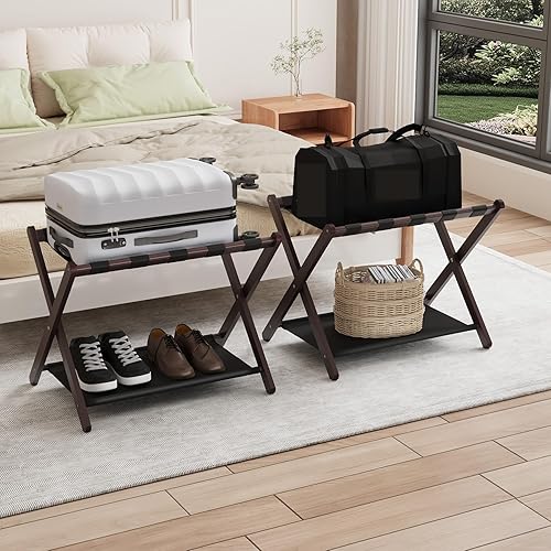 Miniatura 7 de Smuxee Paquete de 2 portaequipajes de bambú marrón, soporte plegable para maleta con estante de almacenamiento, soporte de equipaje fácil de montar