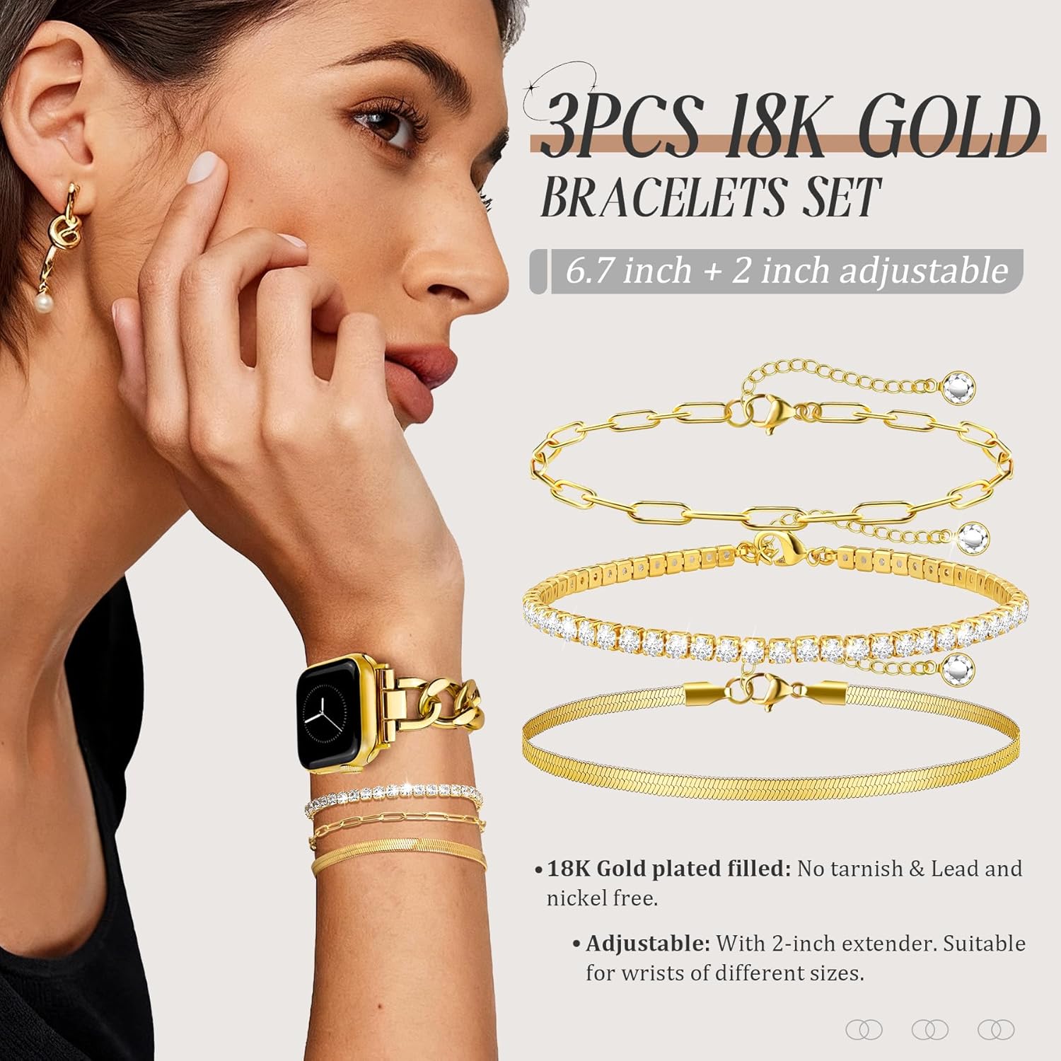JR.DM Gold Watch Bands and 3Pcs 18k Golden Bracelet Set for Women Compatible with Apple Watch 42mm(S3/2/1)/44/45/46/49mm Adjustable Metal Dressy Bracelet for iWatch Series 11/10/9/8/7/6/5/4/SE/3/2/1