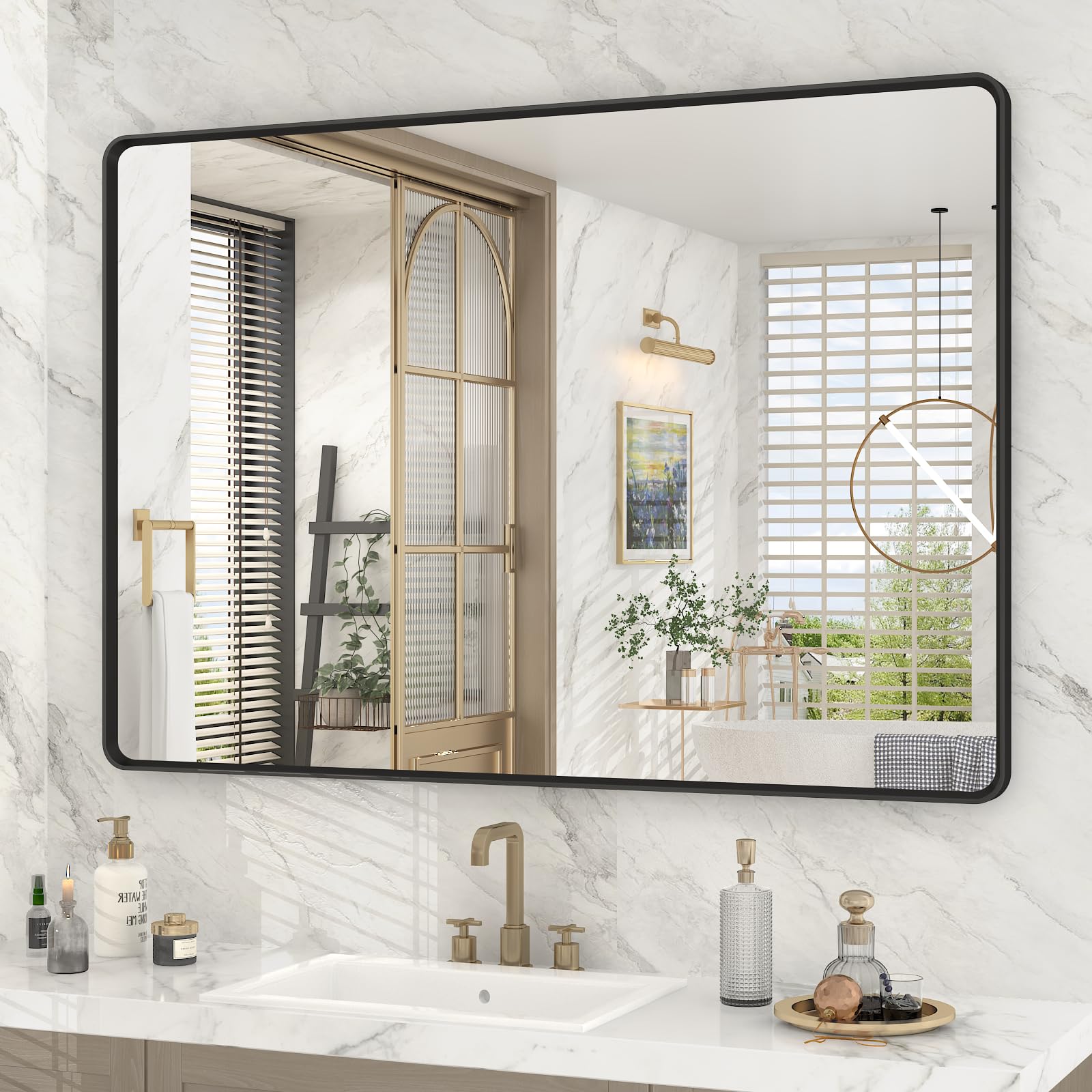 OKPAL 44X30 Inch Black Bathroom Mirror for Wall, Bathroom Vanity Frame Mirror, Matte Black Rectangle Mirror, Round Corner, Rustproof, Shatter-Proof (Horizontal/Vertical)