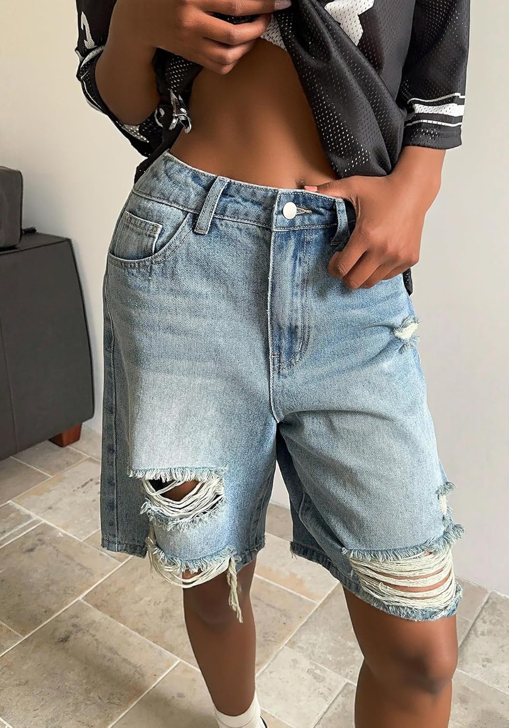 DINGANG Womens Ripped Jean Shorts Baggy High Waisted Bermuda Distressed Y2K Long Denim Jorts