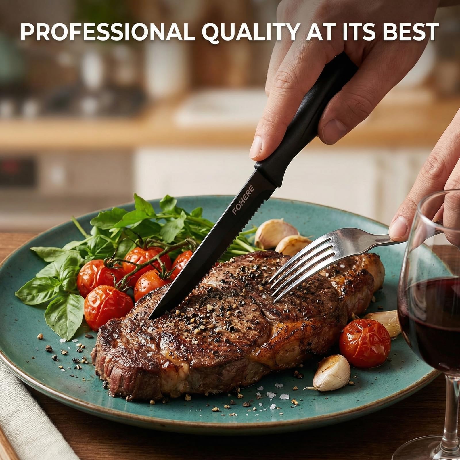 FOHERE Juego de 8 cuchillos de carne, cuchillos de carne negros dentados, cuchillos de cocina de acero inoxidable, ideal para comida de Navidad, Nochevieja y lavable en lavavajillas