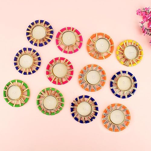 Miniatura 6 de SATVIK - 4 piezas redondas de chakras de metal Dia Festive Diwali Pooja Pujan Portavelas de té Lámpara de aceite para el hogar Mandir Oficina